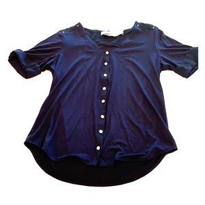 Navy short sleeve button front top